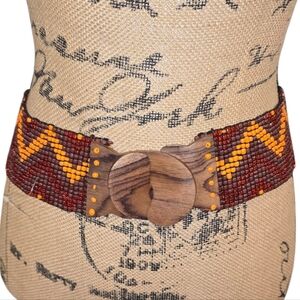 Handcrafted Beaded Belt with Wooden Buckle Tribal Chevron Small Medium New‎